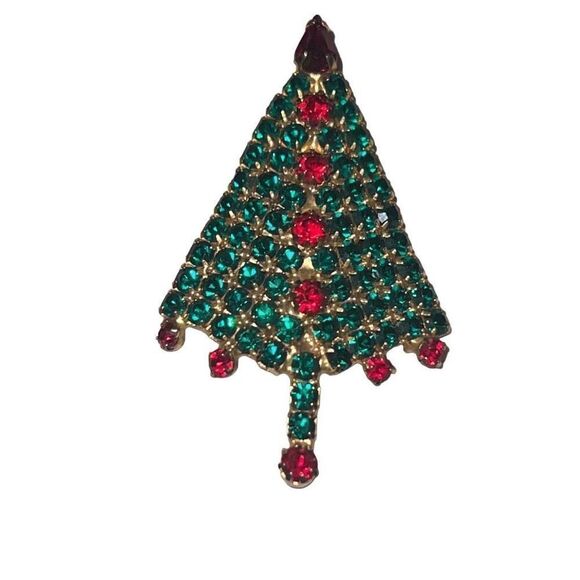 Vintage Mid Century Modern Red Green Rhinestone Christmas Tree Retro Brooch Pin - Picture 1 of 6